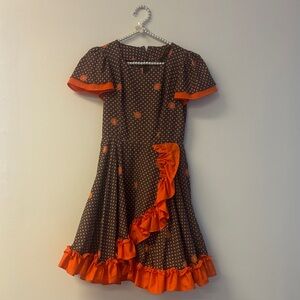Elegant Brown Orange Dress Sz S 1970s handmade hearts floral ruffles flounce VTG